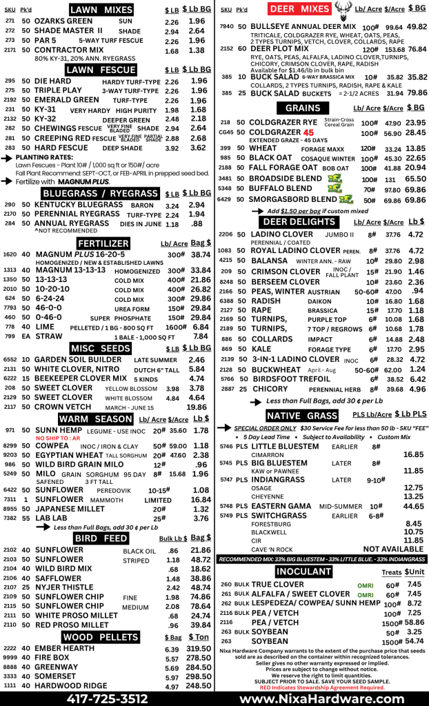 Nixa Hardware & Seed Co Seed Sheet Prices July 22 2026 page 2
