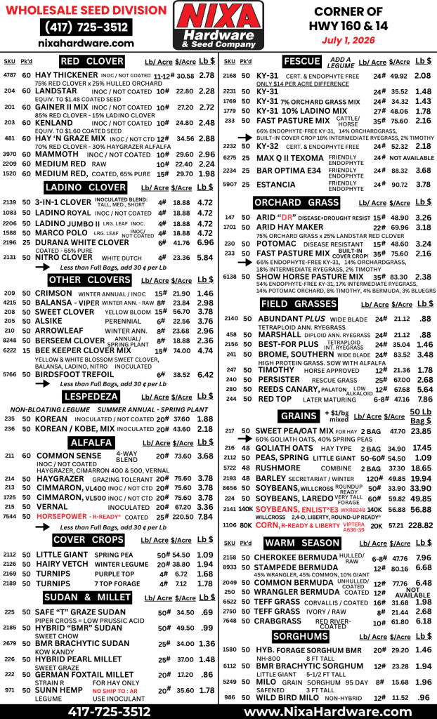 Nixa Hardware Seed Price Sheet 2026 - July 1st pg 1