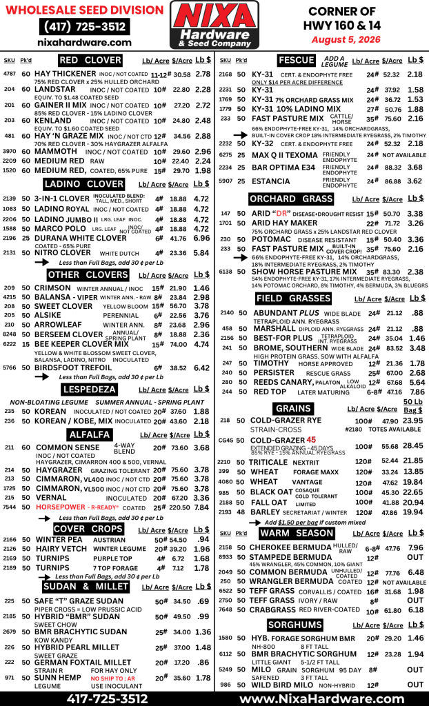 Nixa Hardware Seed Price Sheet Fall 2026 pg1 8.5.26