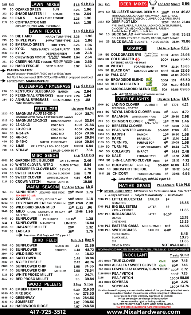 Nixa Hardware Seed Price Sheet Fall 2026 pg2 8.5.26