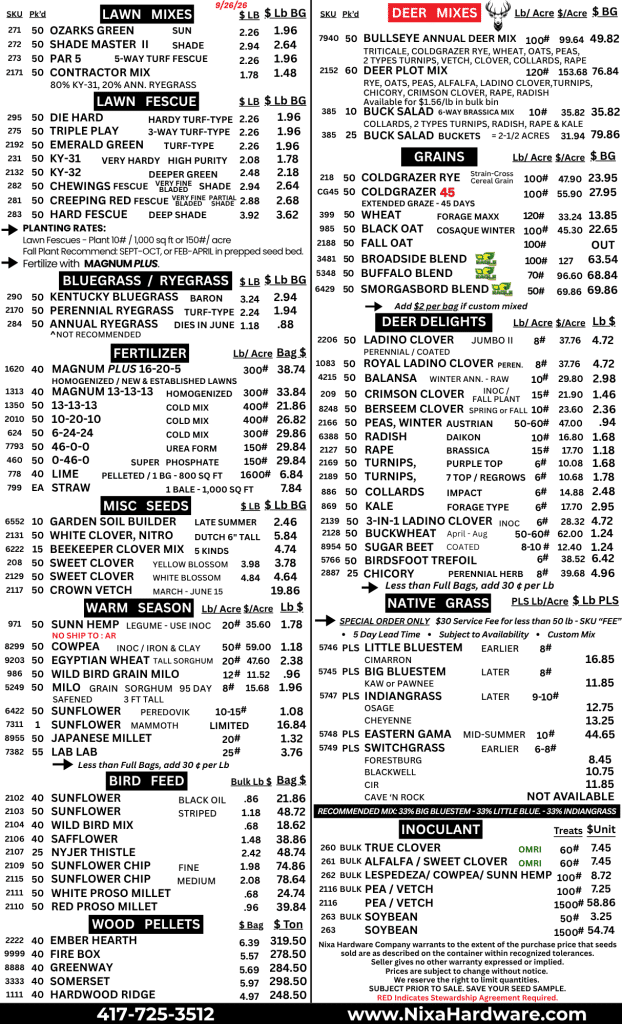 Nixa Hardware Seed Price Sheet Fall 2026 pg2